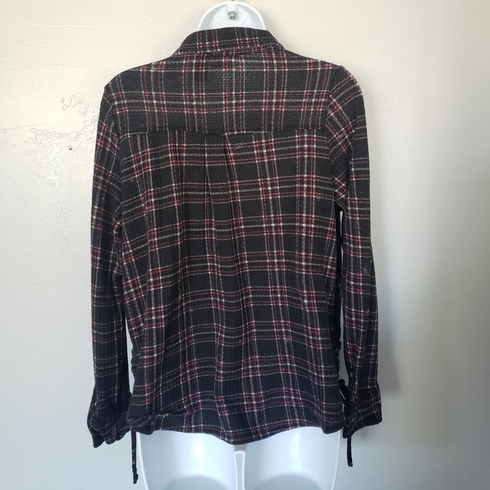 Daytrip Small Black Plaid Long Sleeve Shirt Lace Up Sides Pink White Soft Top - Picture 10 of 10